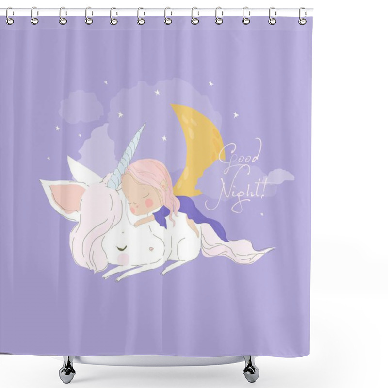 Personality  Cute Little Girl Sleeps On Back Of Unicorn. Vector Illustration Shower Curtains