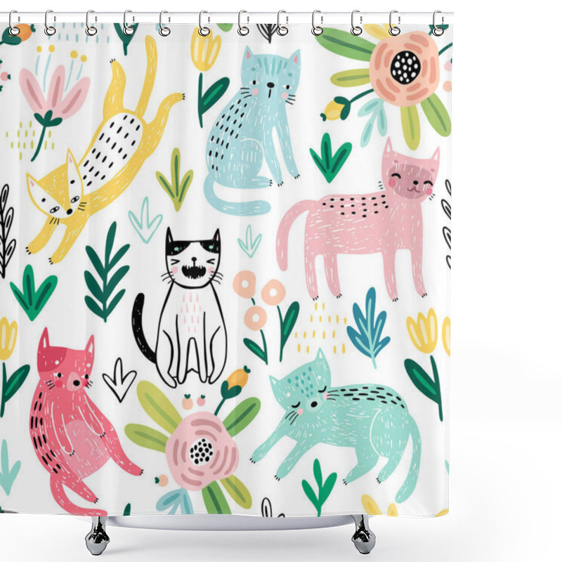 Personality  Seamless Pattern With Cute Kittens. Childish Characters With Different Emotions - Joy, Anger, Happines And Others. Vector Illustration. Shower Curtains