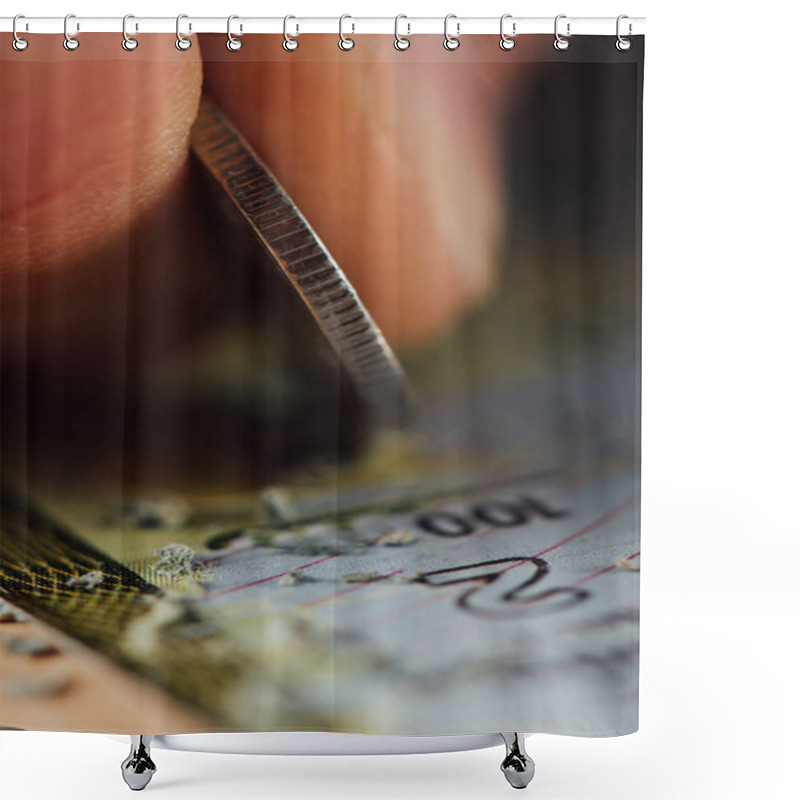 Personality  Close Up View Of Silver Coin In Hand Of Gambler Scratching Lottery Card Shower Curtains