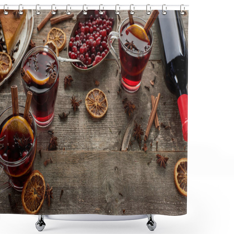 Personality  Red Spiced Mulled Wine Near Berries, Anise, Orange Slices And Cinnamon On Wooden Rustic Table With Copy Space Shower Curtains