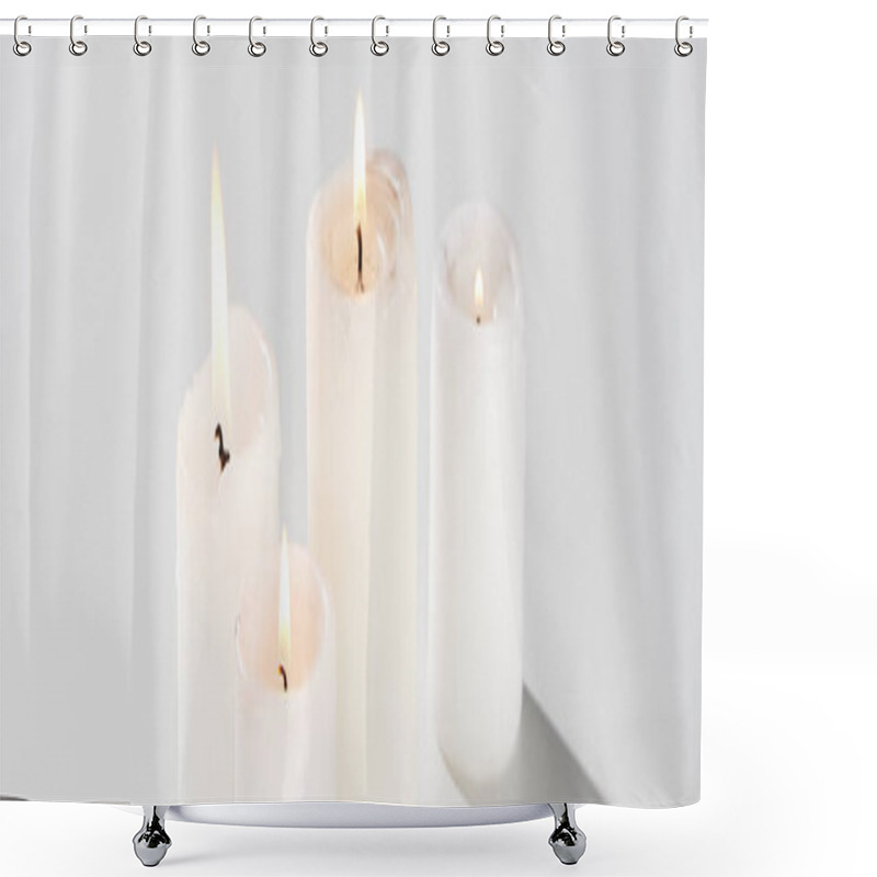 Personality  Burning Candles Glowing On White Background With Shadow, Panoramic Shot Shower Curtains