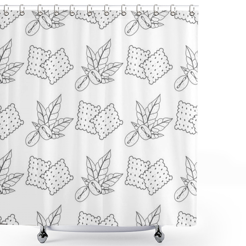 Personality  Seamless Pattern With Outline Drawings On The Theme Of Coffee. Coffee Beans And Crackers. Shower Curtains