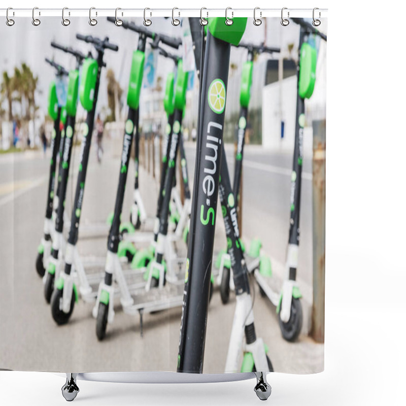 Personality  Valencia, Spain - April 29, 2019: Group Of Electric Scooters For Shower Curtains