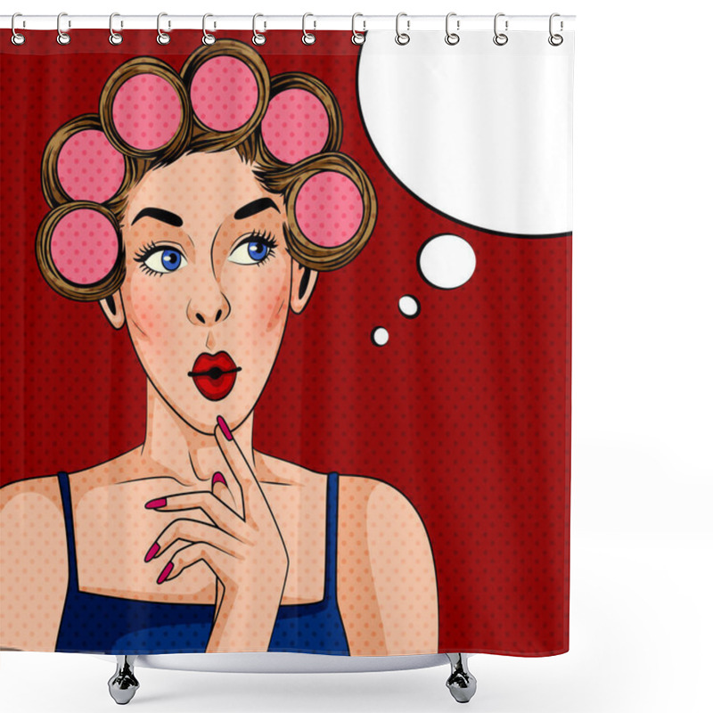 Personality  Pop Art Style Retro Lady With Hair Curler Shower Curtains