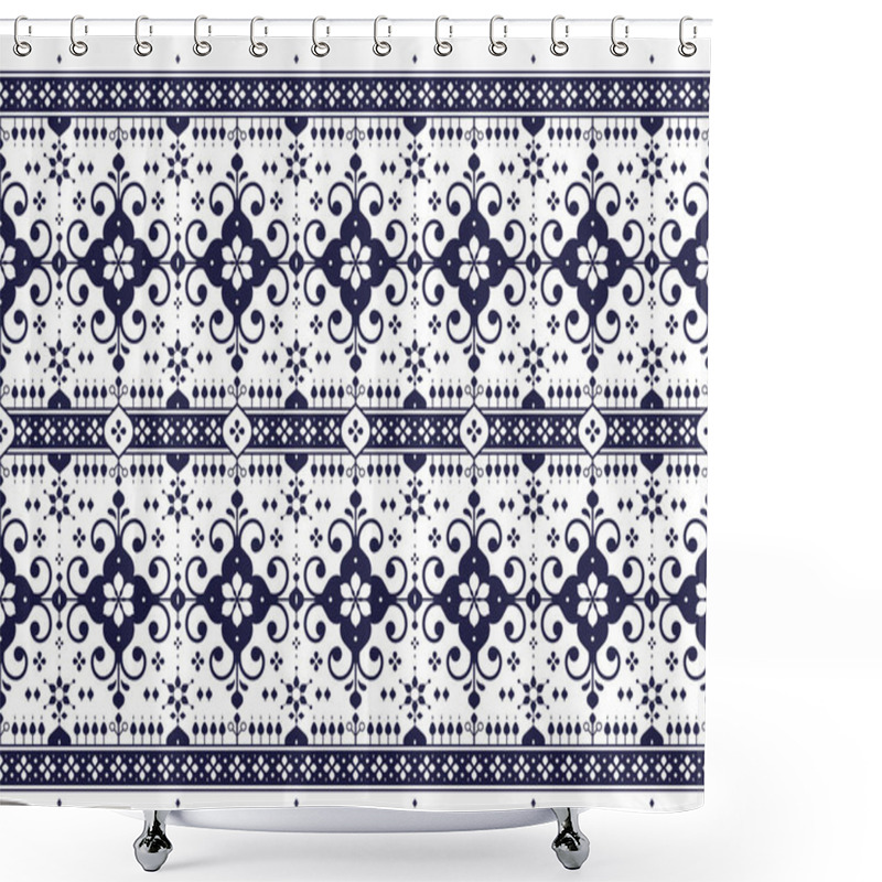 Personality  Dark Blue Geometric Ethnic Fabric Seamless Pattern On White Background, Design For Cloth, Carpet, Batik, Wallpaper, Wrapping Etc Shower Curtains