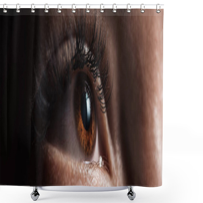 Personality  Close Up View Of Human Brown Eye With Long Eyelashes Looking Away In Dark, Panoramic Shot Shower Curtains