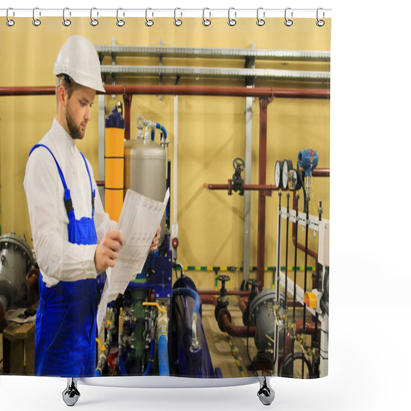 Personality  Heating Engineer With Drawings At Industrial Plant Shower Curtains