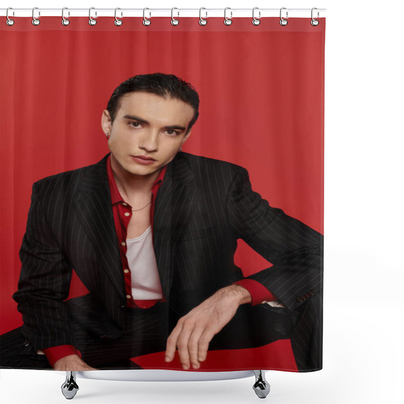 Personality  A Man In A Black Suit Poses Against A Vibrant Red Backdrop. Shower Curtains