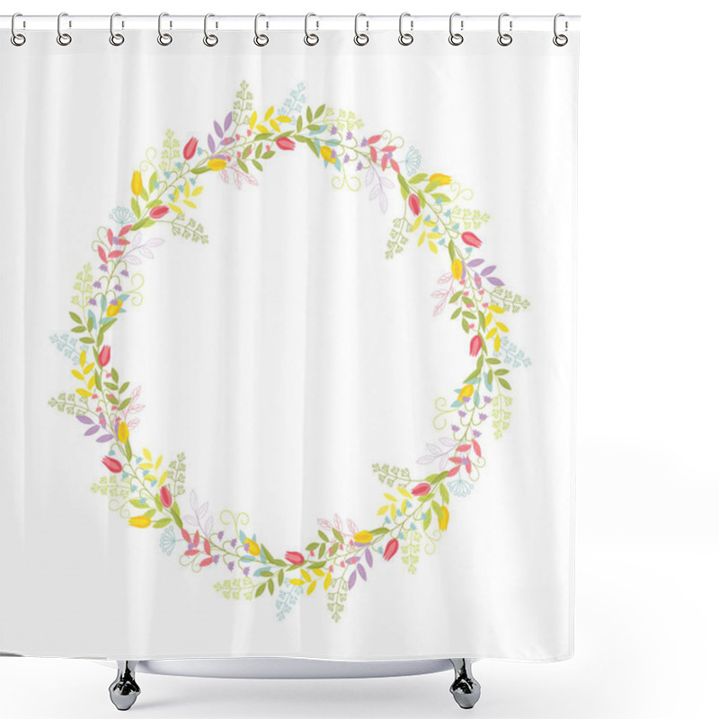 Personality  A Wreath Of Branches, Leaves, Flowers, Tulips, Lilies Of The Valley And Blades Of Grass With Tendrils. Color Cute Vector.Isolated On White Background. Shower Curtains