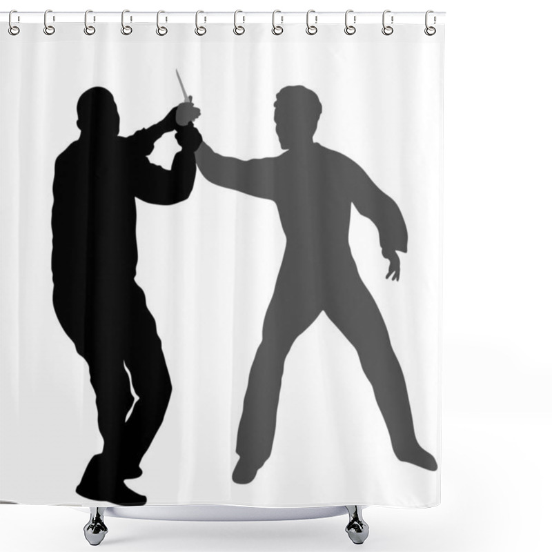 Personality  Self Defense Battle Vector Silhouette. Man Fighting Against Aggressor With Knife. Krav Maga Demonstration In Real Situation. Combat For Life Against Terrorist. Army Skill In Action. Policeman Arrest. Shower Curtains