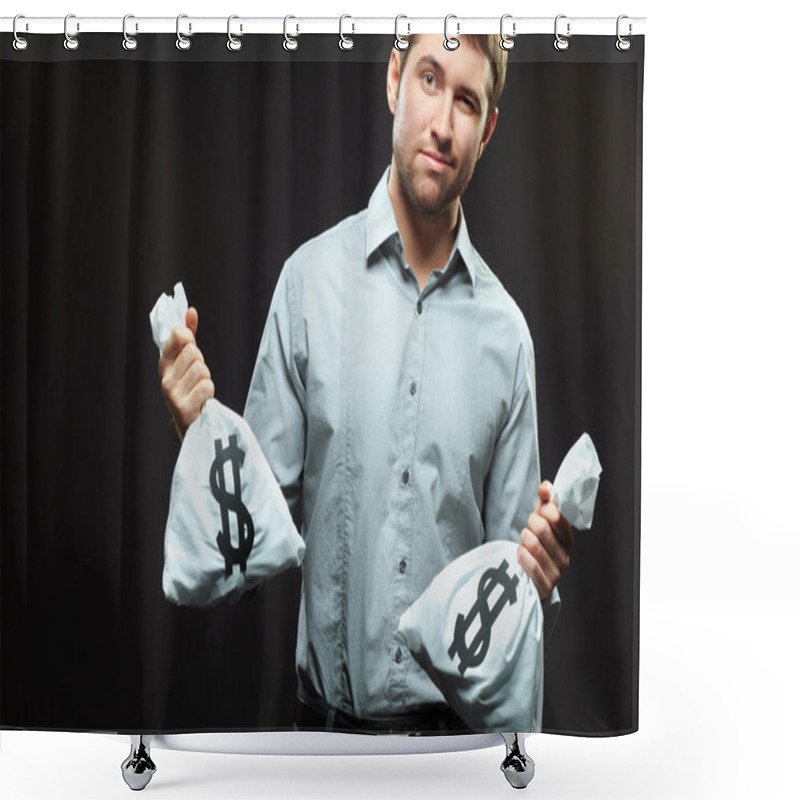 Personality  Man Standing With Two Money Bags Shower Curtains