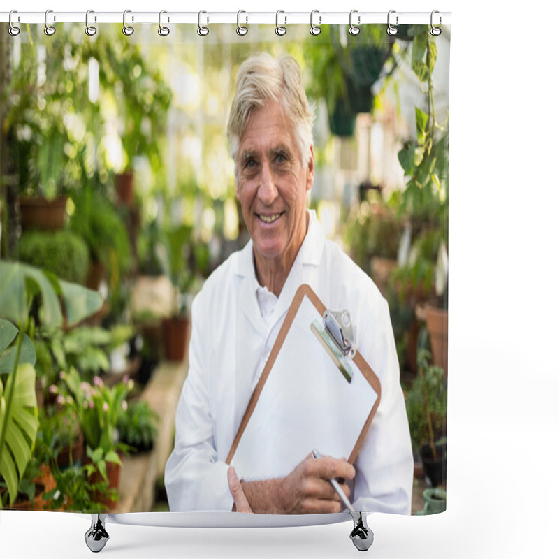 Personality  Scientist Holding Clipboard At Greenhouse Shower Curtains