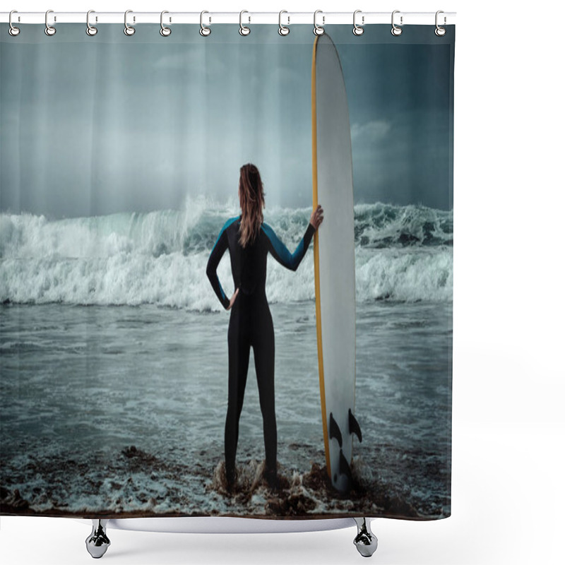 Personality  Surfer Woman Wearing Wetsuit Standing On The Beach With A Surfboard Shower Curtains