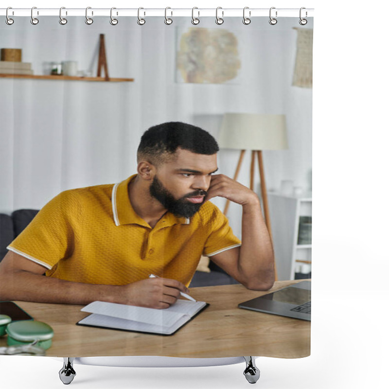 Personality  A Man Focuses Intently While Working At His Home Desk. Shower Curtains