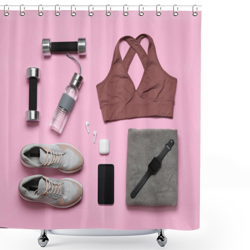 Personality  Flat Lay Composition With Sports Equipment On Pink Background Shower Curtains