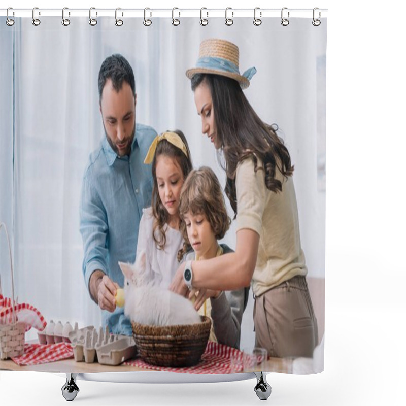 Personality  Young Family Playing With Bunny While Preparing For Easter Shower Curtains