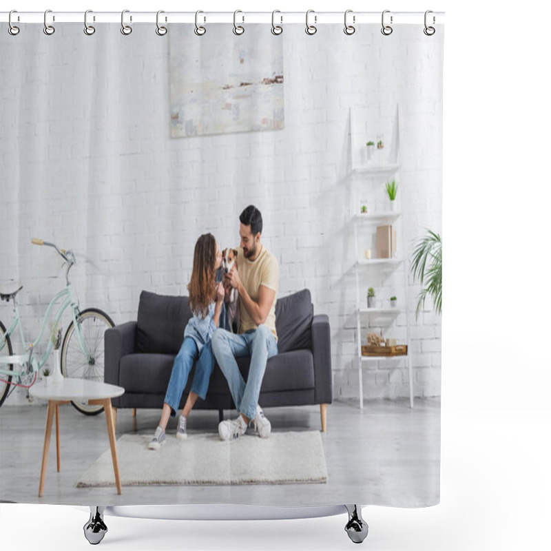 Personality  Happy Interracial Couple Petting Jack Russell Terrier In Modern Living Room  Shower Curtains