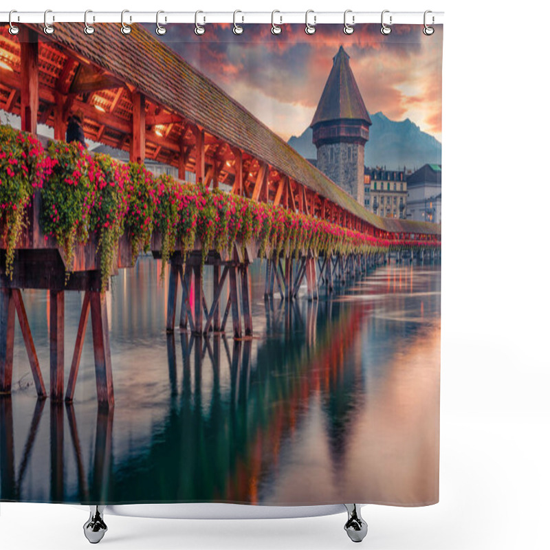 Personality  Charm Of Ancient Cities Of Europe. Famous Old Wooden Chapel Bridge (Kapellbrucke), Landmark 1300s Wooden Bridge, Lucerne Cityscape, Switzerland, Europe. Shower Curtains