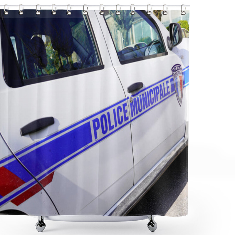 Personality  Bordeaux , Aquitaine / France - 02 21 2020 : Car Police Municipale French Municipal Police Vehicle Side White Sign Shower Curtains