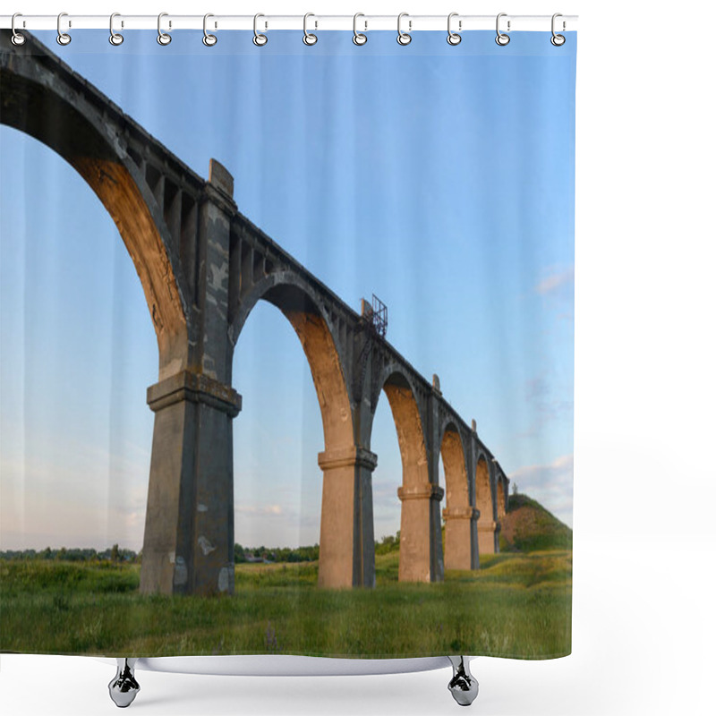 Personality  Old Arched Railroad Bridge In The Green Field At Sunset Shower Curtains