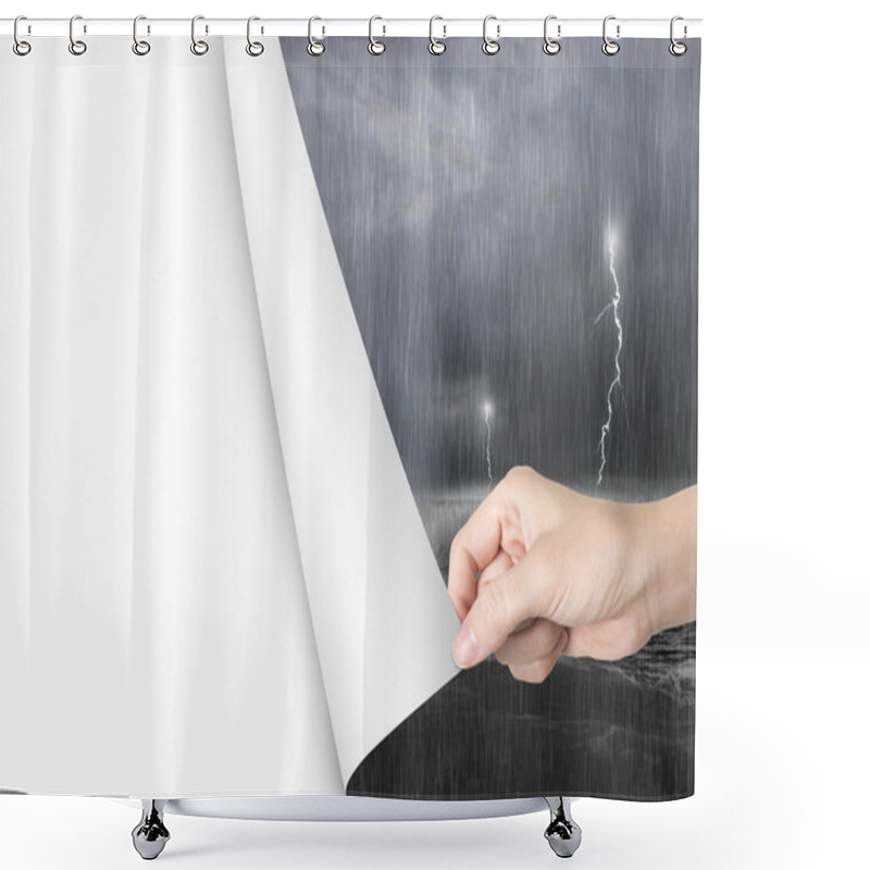 Personality  Woman Hand Open Blank White Page Replace Stormy Ocean Shower Curtains