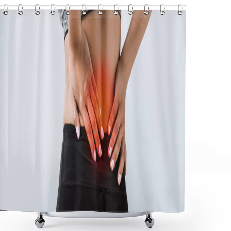 Personality  Panoramic Shot Of Sportswoman With Lower Back Pain Isolated On Grey Shower Curtains