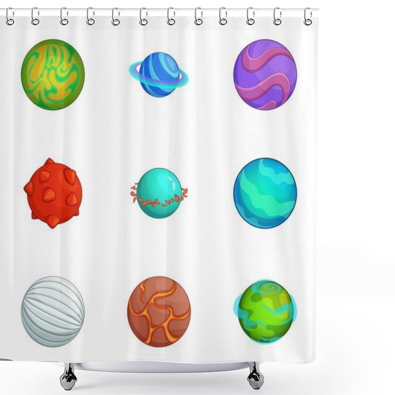 Personality  Fantastic Planets Icons Set, Cartoon Style Shower Curtains