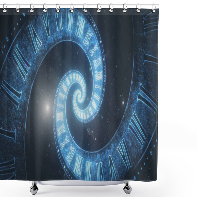 Personality  The Composition Of The Space Of Time, The Flight In Space In A Spiral Of Roman Clocks 3d Illustration Shower Curtains