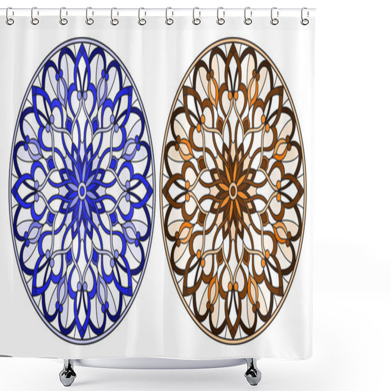 Personality  Set Of Illustrations In Stained Glass Style With Round Floral Arrangements, Blue And Brown Tone Shower Curtains