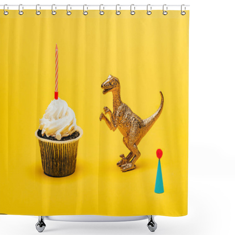 Personality  Toy Dinosaur Beside Party Cap And Cupcake With Candle On Yellow Background Shower Curtains