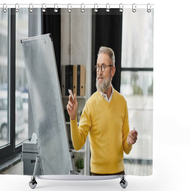 Personality  Handsome Senior Man Engages An Audience While Pointing At A Whiteboard In An Office. Shower Curtains