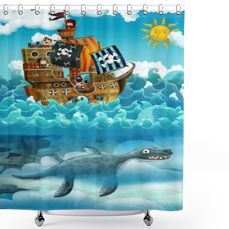 Personality  Pirates On The Sea - Battle - With Monster Underwater - Illustration For Children Shower Curtains