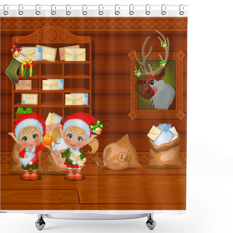 Personality  Inside The Old Cozy Wooden Village House. Home Furnishing. Santas Helpers Read Letters. Sketch Of Christmas Festive Poster, Party Invitation, Other Holiday Card. Vector Cartoon Close-up Illustration. Shower Curtains