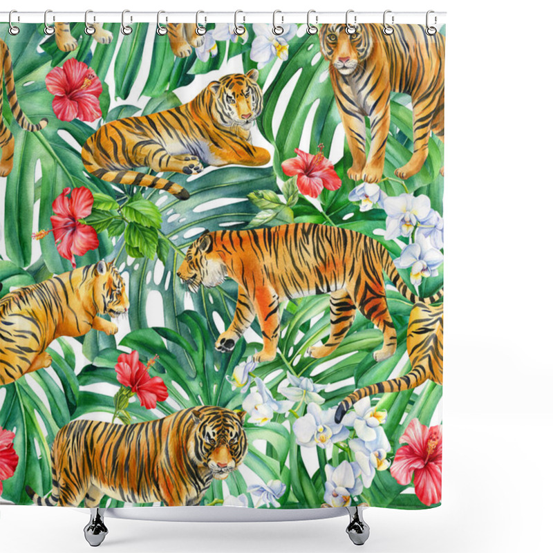 Personality  Tiger In The Jungle Seamless Pattern, Tropical Exotic Jungle Plants, Leaves Flowers, Watercolor Animals Shower Curtains