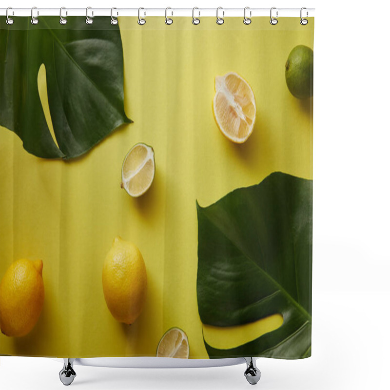 Personality  Top View Of Palm Tree Leaves And Lemons On Yellow Surface Shower Curtains