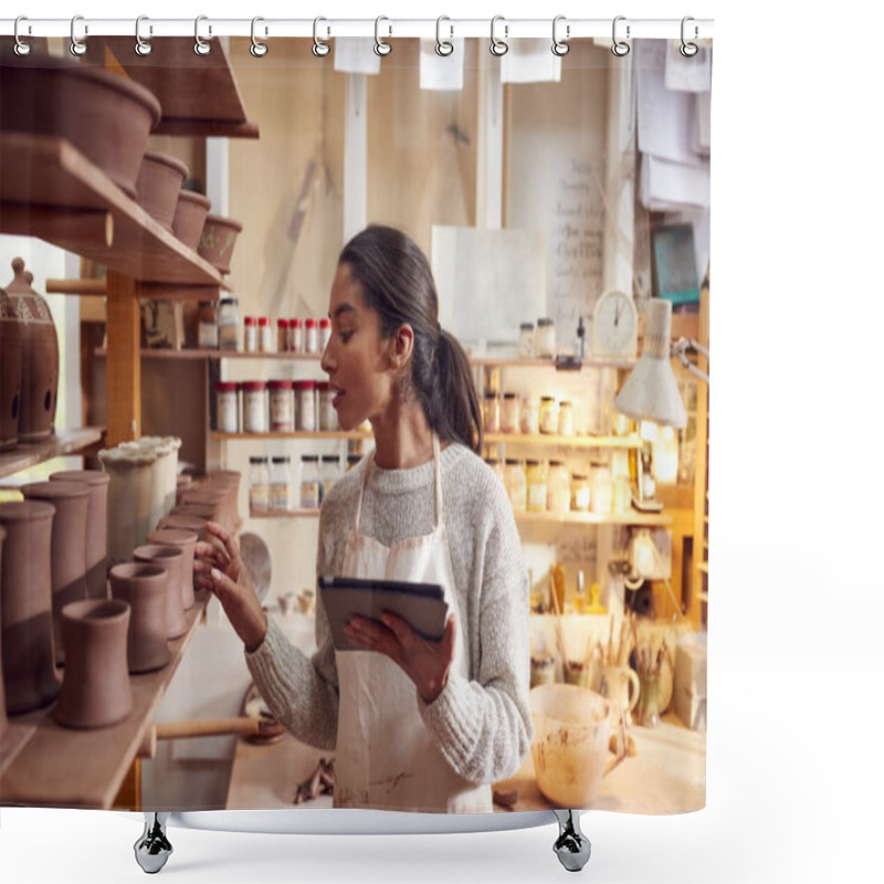 Personality  Female Potter In Ceramics Studio Checking Orders Using Digital Tablet Shower Curtains