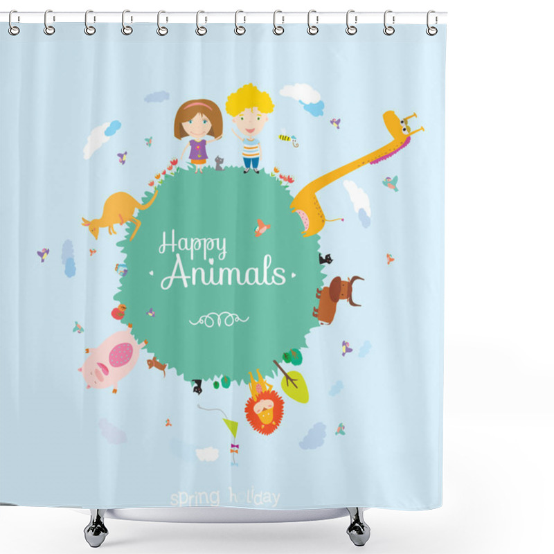 Personality  Happy Birthday Card  With Cute And Funny Animals And Children Shower Curtains