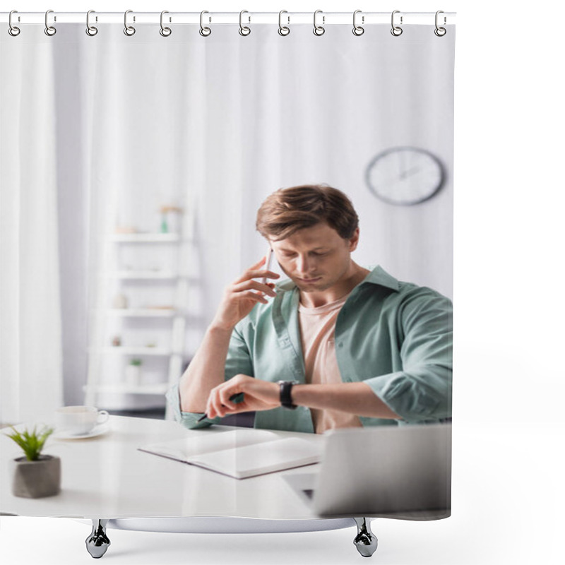 Personality  Selective Focus Of Freelancer Talking On Smartphone And Checking Time On Wristwatch At Home, Concept Of Time Management  Shower Curtains