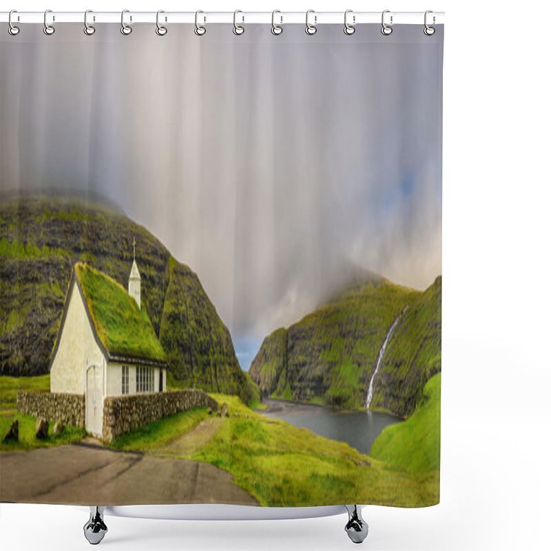 Personality  Village Church And A Lake In Saksun, Faroe Islands, Denmark Shower Curtains