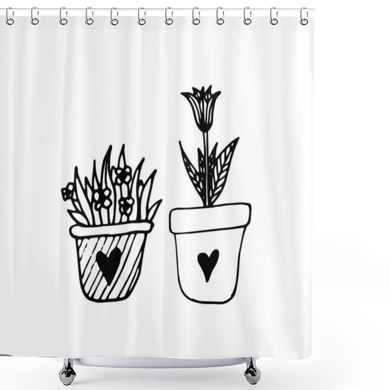 Personality  Hand Drawn Doodle Illustration Of  Plants In A Pot. Minimal Pot With Garden Flowers Shower Curtains