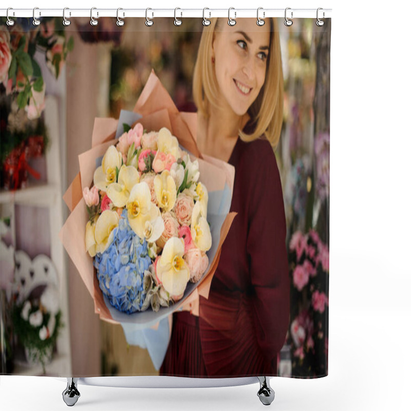 Personality  Girl Posing With Bouquet Of Orchids And Roses Shower Curtains