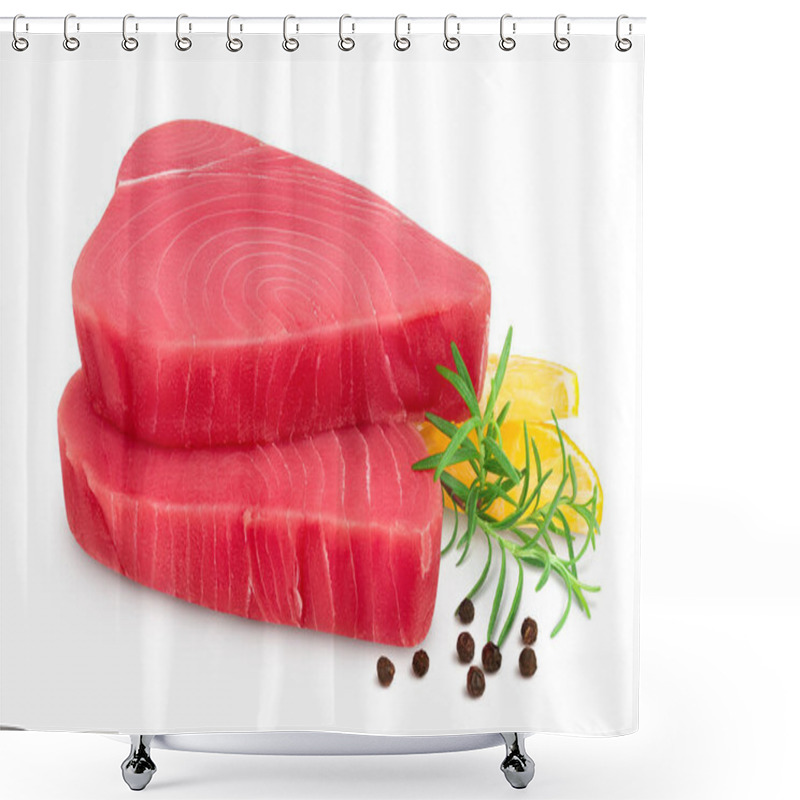 Personality  Fresh Tuna Fish Fillet Steak With Rosemary, Lemon And Peppercorns Isolated On White Background With Clipping Path And Full Depth Of Field Shower Curtains