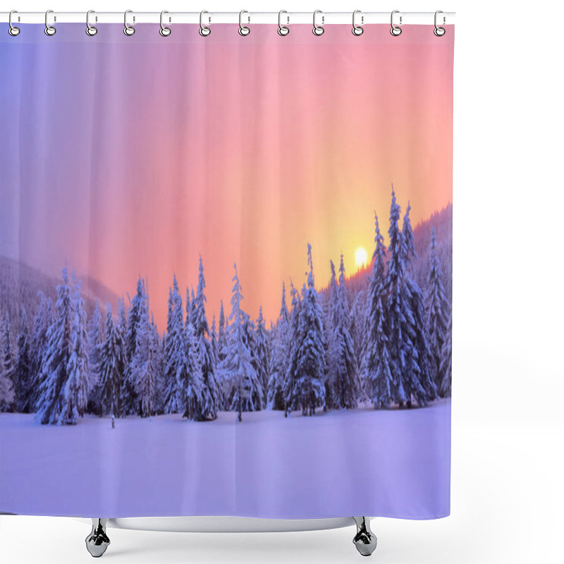 Personality  Sunrise Enlightens Sky, Mountain And Trees Standing In Snowdrifts Covered By Frozen Snow With Yellow Shine. Winter Landscape For Leaflets. Shower Curtains