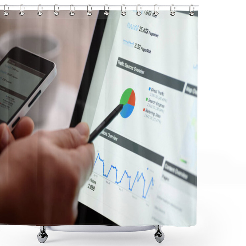 Personality  Business Intelligence Graphs On A Tablet And A Smartphone While Working In The Office Shower Curtains