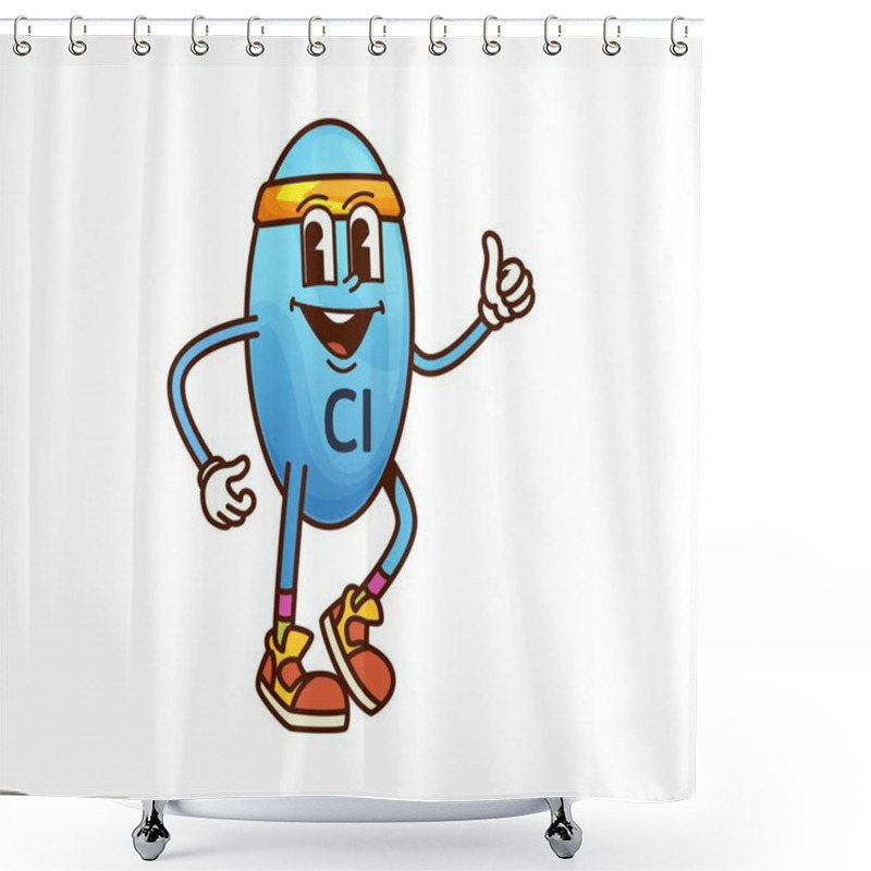 Personality  Cartoon Groovy Chlorine Vitamin And Micronutrient Character. Isolated Vector Cl Molecule Exudes Fun, Sporty Vibe. Blue, Oval Capsule In Headband And Sneakers Giving Thumbs Up Gesture With A Big Smile Shower Curtains