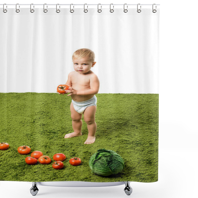 Personality  Cute Toddler Boy Holding Tomato And Vegetables On Green Carpet Shower Curtains