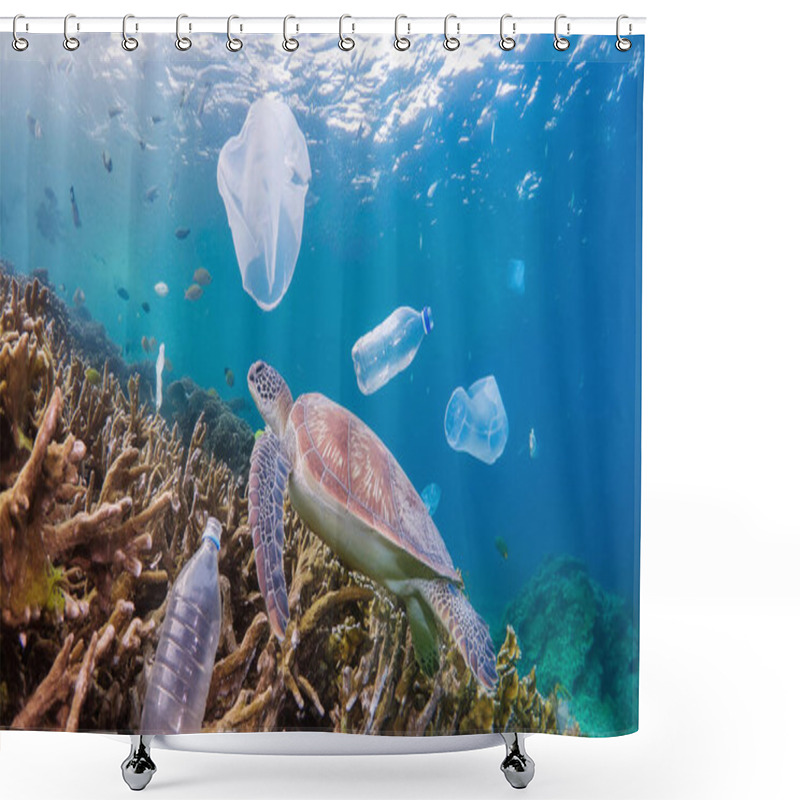 Personality  Image Of Sea Coral Reefs With Sea Turtle Swimming In An Ocean With Beer Bottles And Plastic Waste. Ocean Plastic Pollution Awareness Concept Shower Curtains