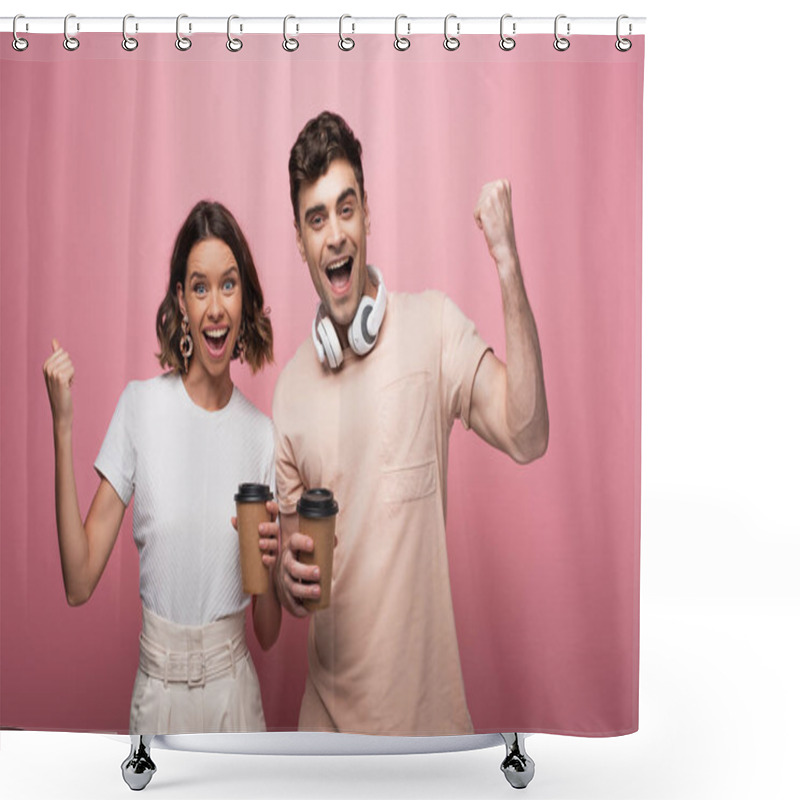 Personality  Excited Man And Woman Showing Yes Gestures While Holding Paper Cups And Looking At Camera On Pink Background Shower Curtains