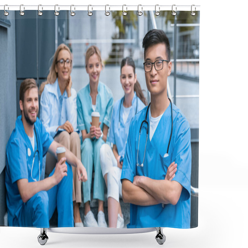 Personality  Asian Man Standing In Front Of Caucasian Teacher And Students At Medical University  Shower Curtains