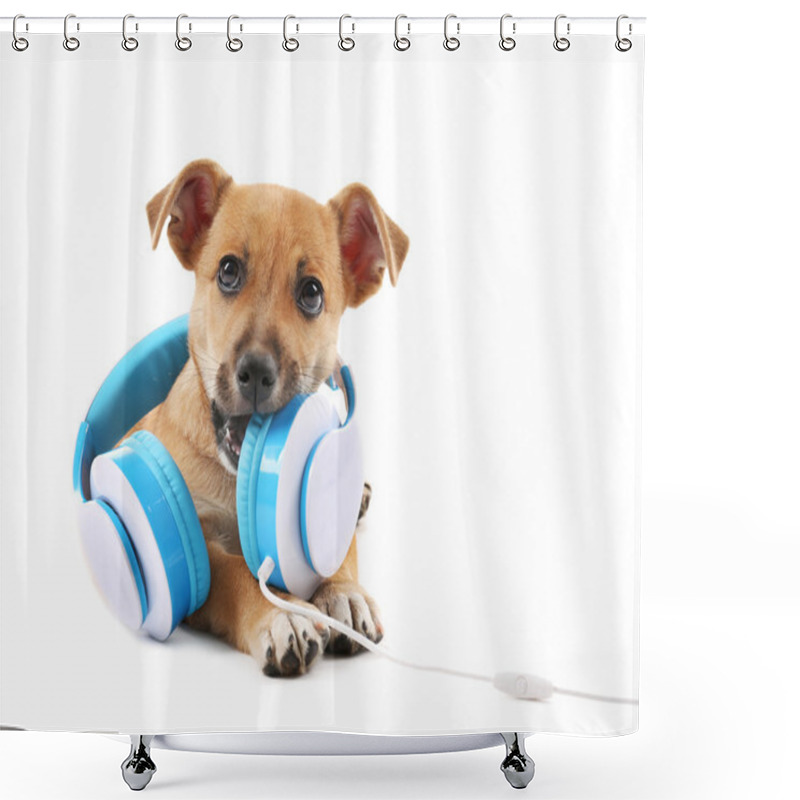 Personality  Puppy Playing With Headphones Isolated On White Shower Curtains